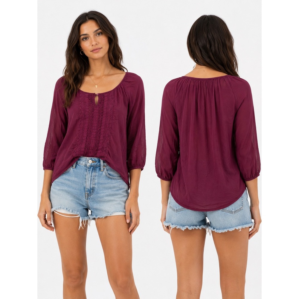 Mudd Blouse Womens L Purple Crochet Lace Boho Peasant Top Romantic Whimsigoth